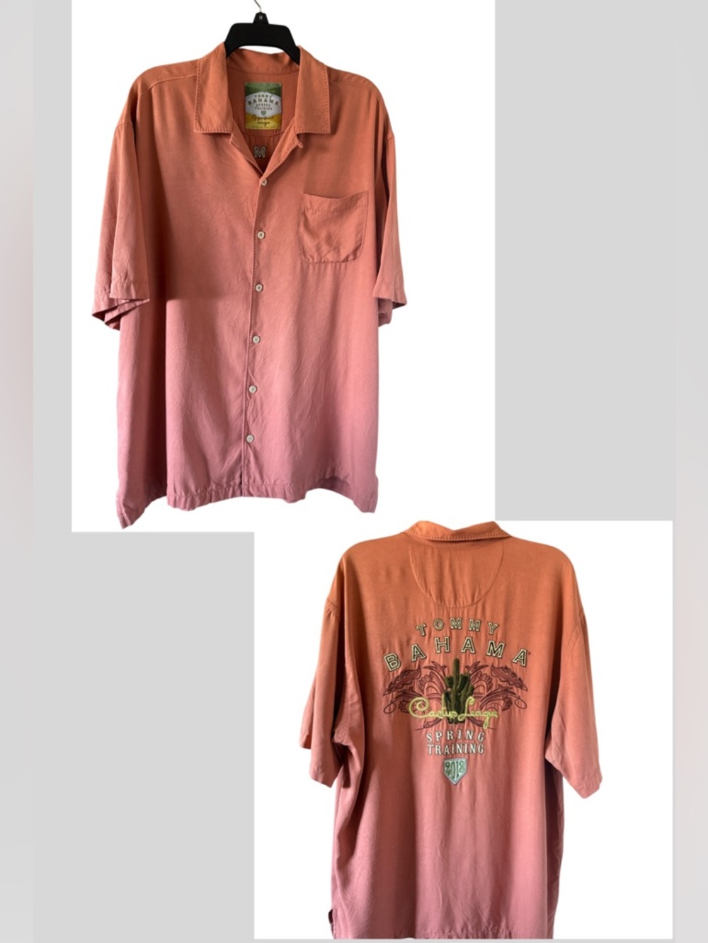 Tommy Bahama MLB Spring Training Silk Shirt Coral Cactus League Embroidered L